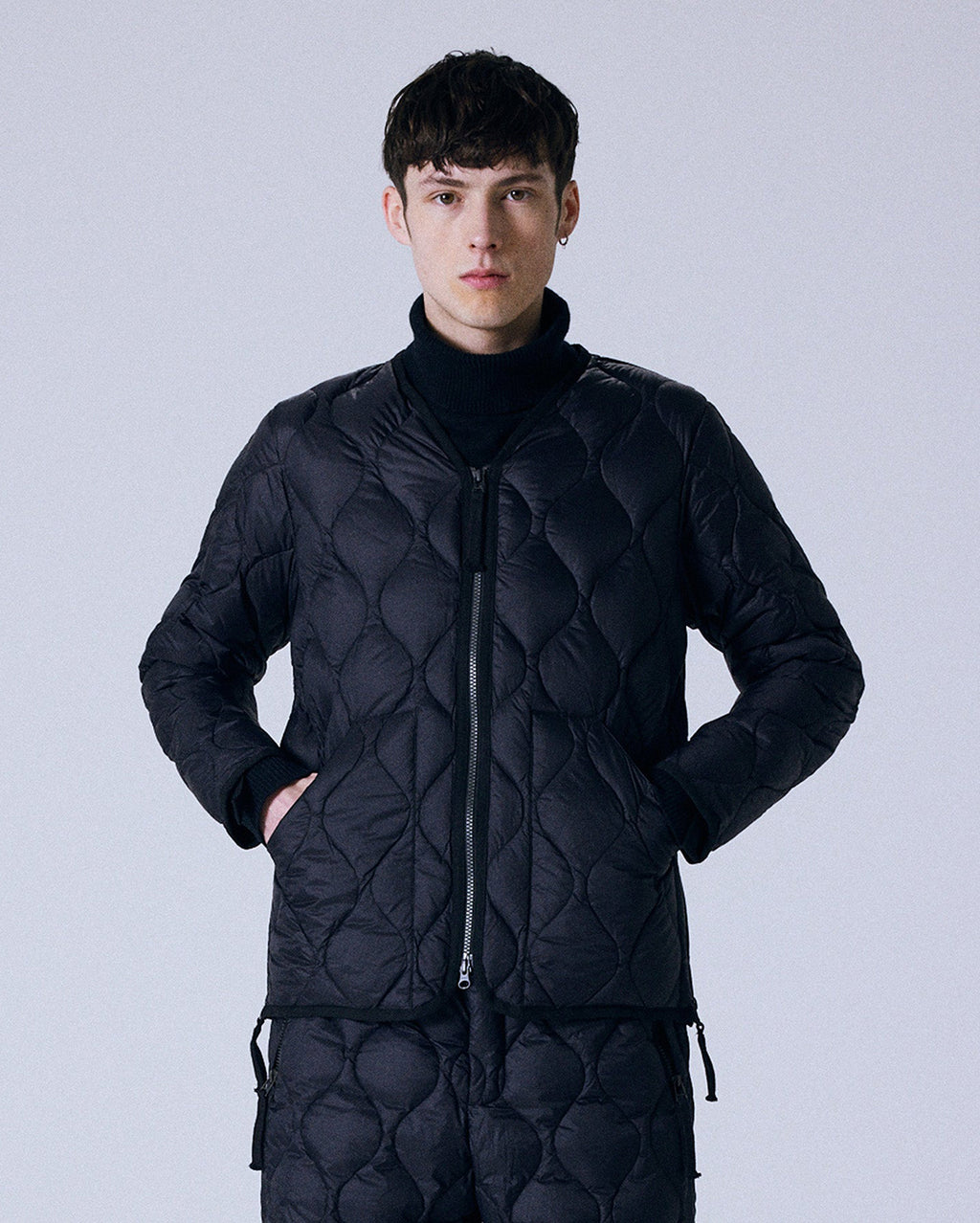 Military V-Neck W-Zip Down Jacket - Black - Taion