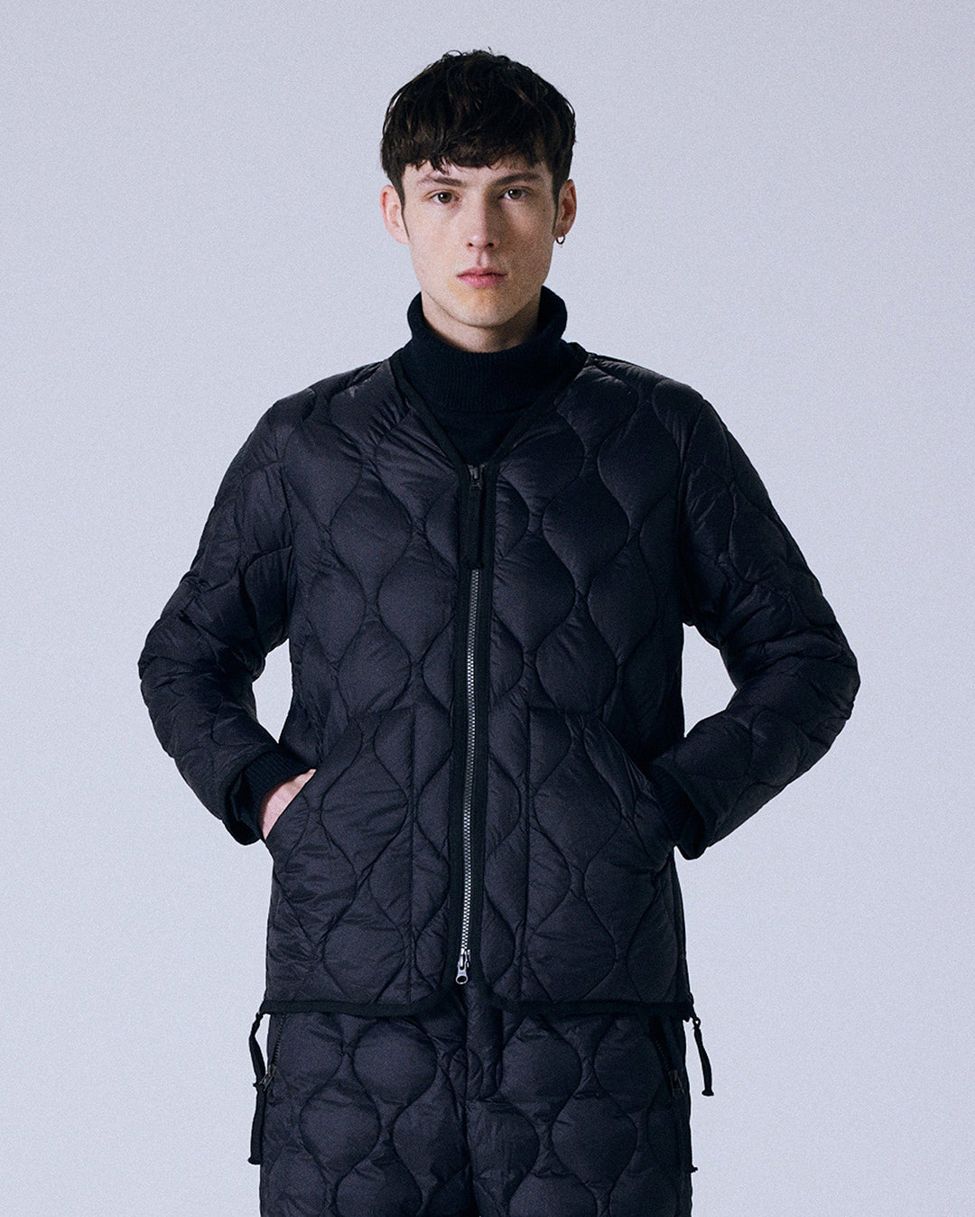 Military V-Neck W-Zip Down Jacket - Black - Taion