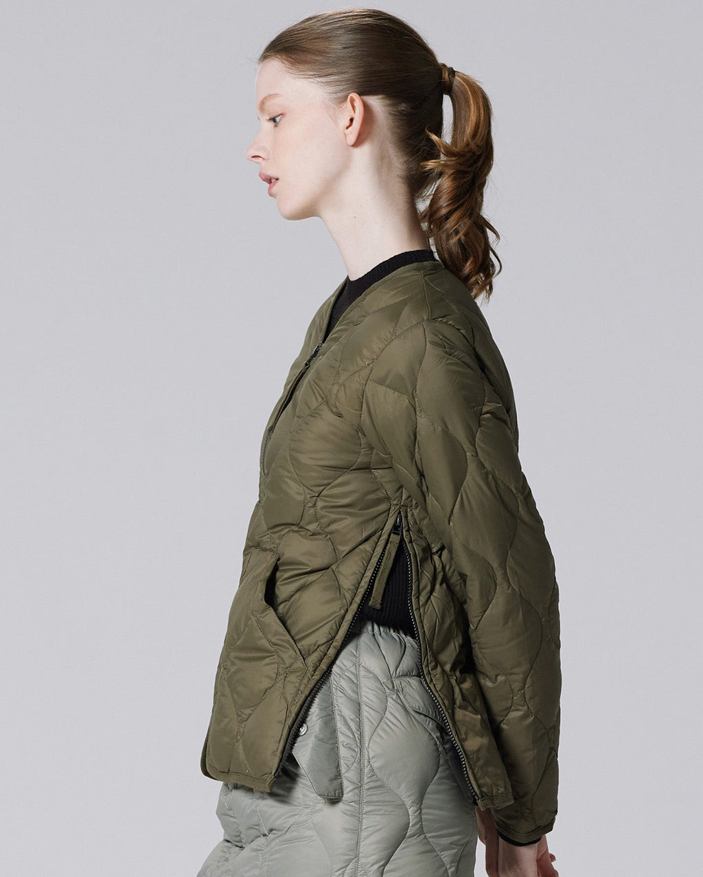 Military V-Neck W-Zip Down Jacket - D.Olive - Taion