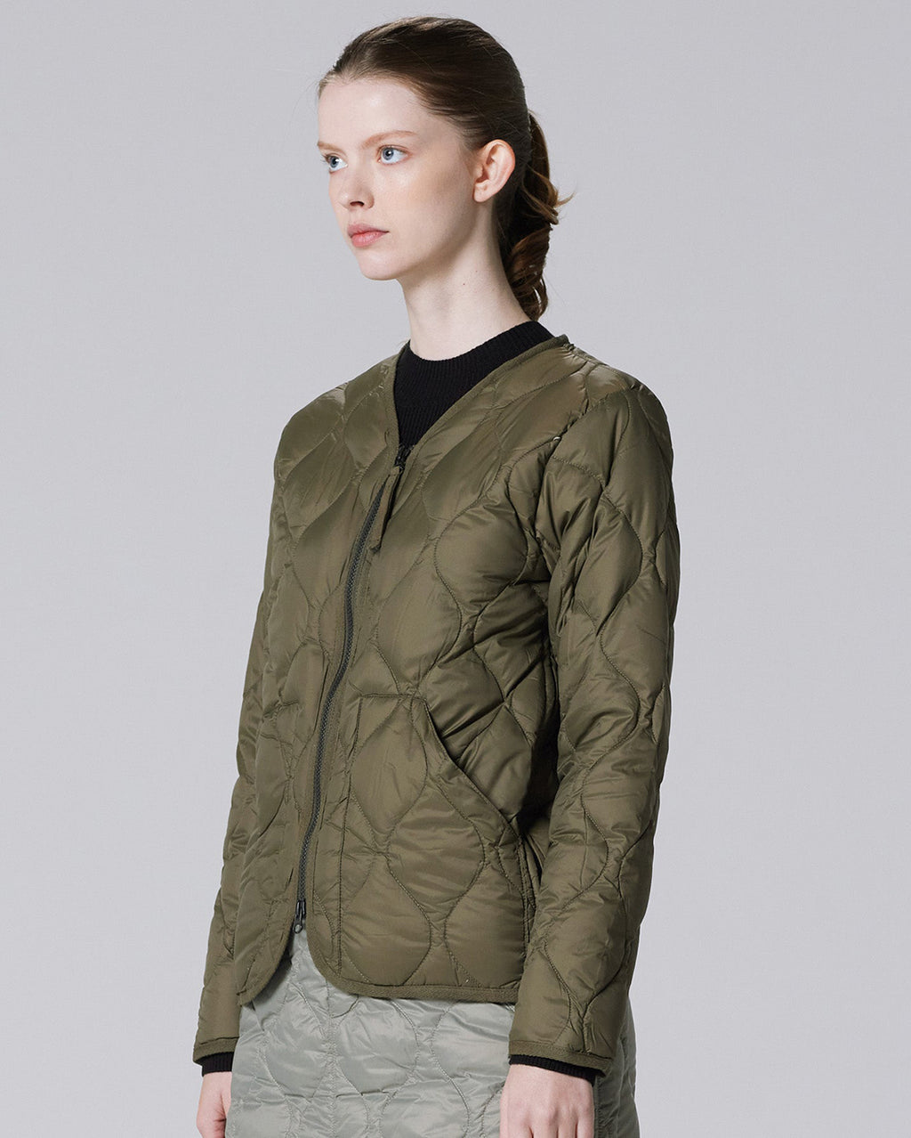 Military V-Neck W-Zip Down Jacket - D.Olive - Taion