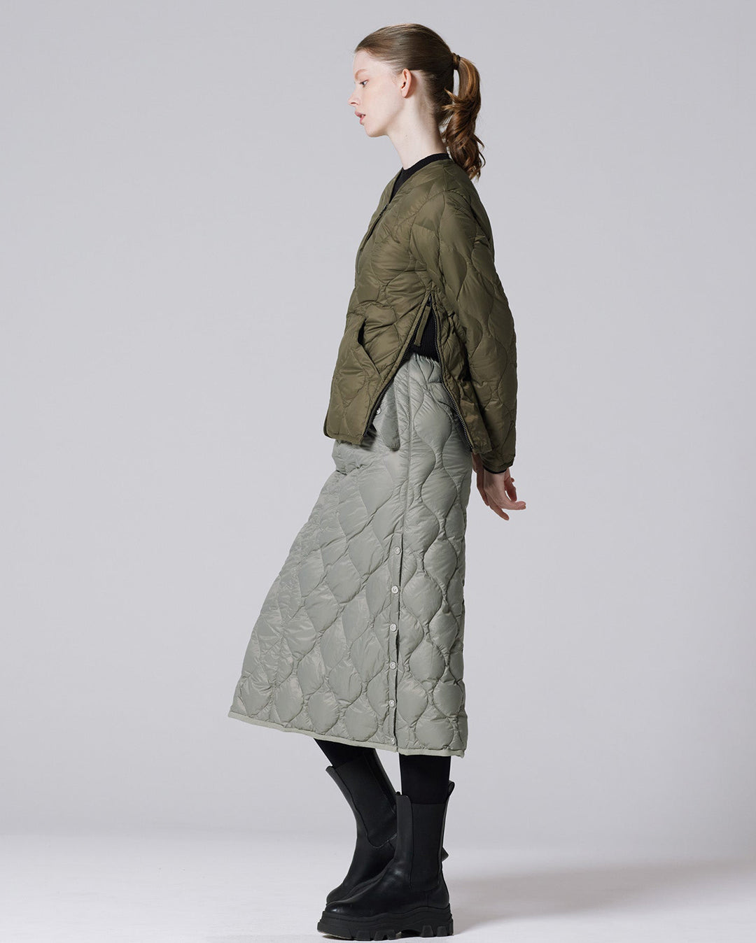 Military V-Neck W-Zip Down Jacket - D.Olive - Taion