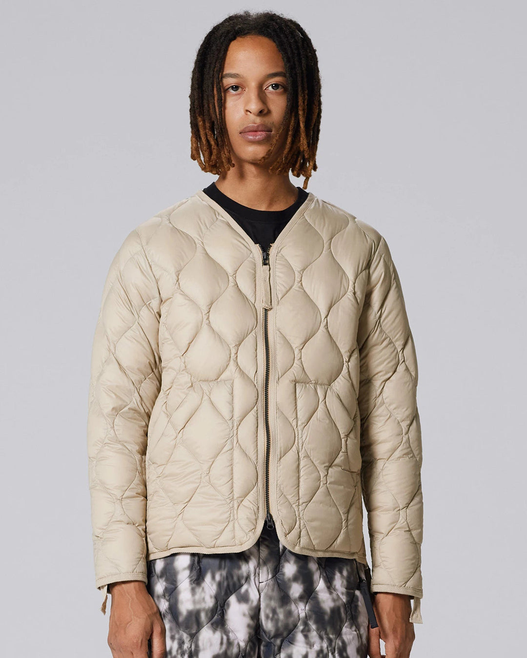 Military V-Neck W-Zip Down Jacket - G.Beige - Taion
