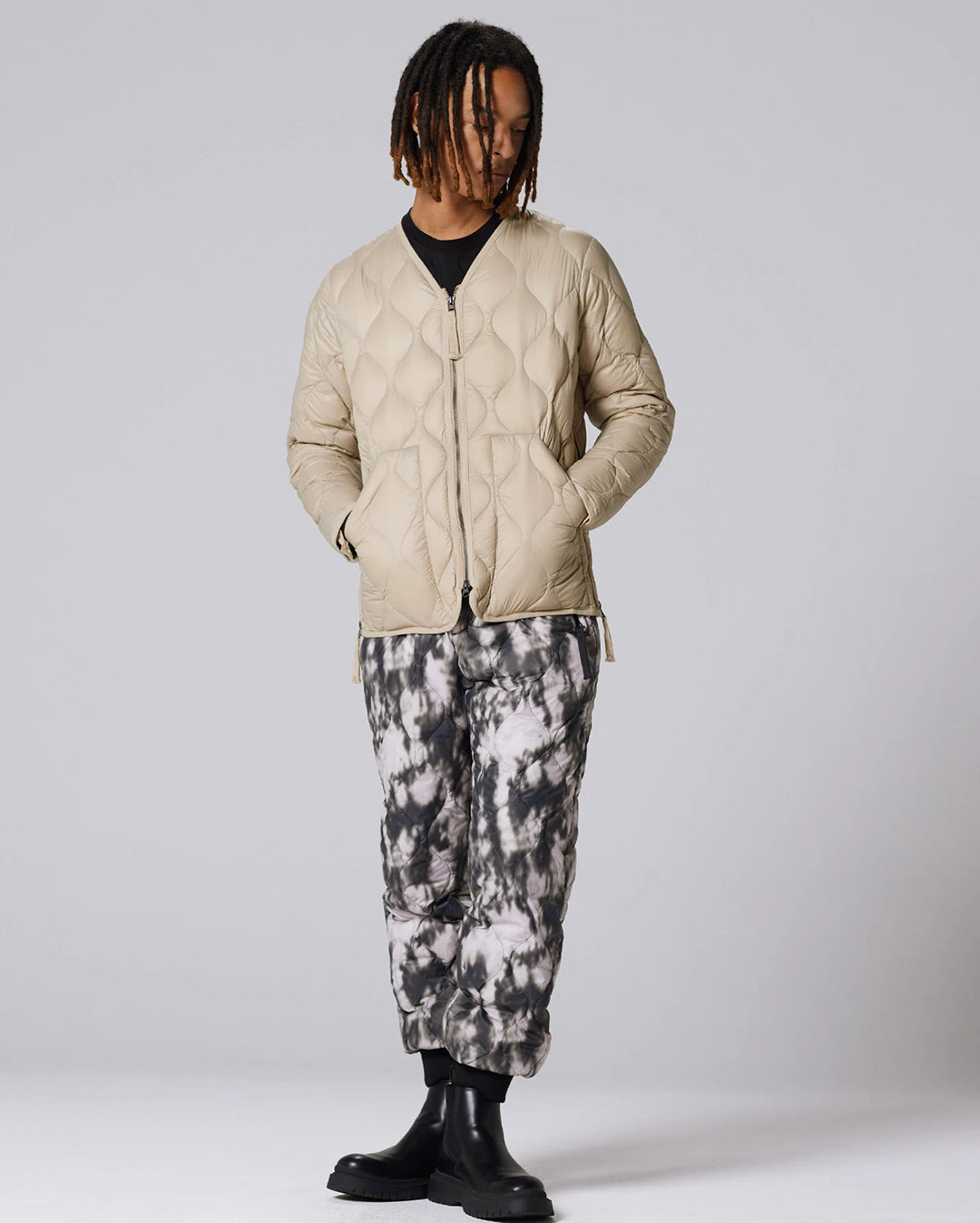 Military V-Neck W-Zip Down Jacket - G.Beige - Taion