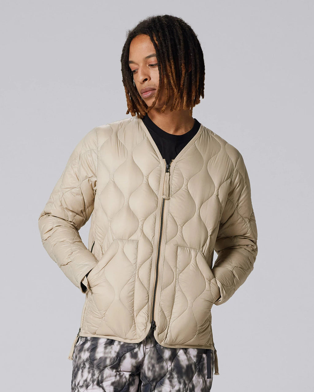 Military V-Neck W-Zip Down Jacket - G.Beige - Taion