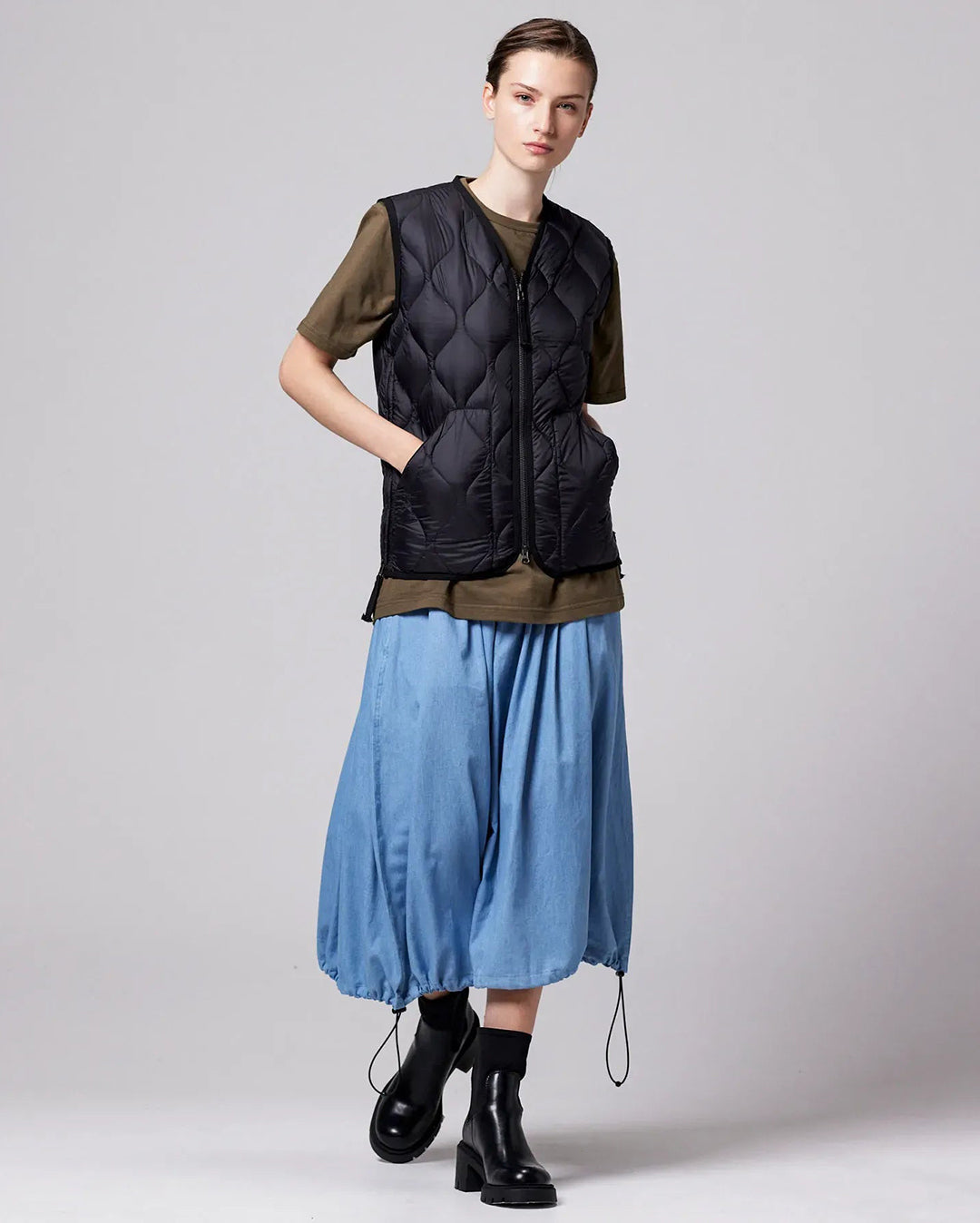 Military V-Neck W-Zip Down Vest - Black - Taion