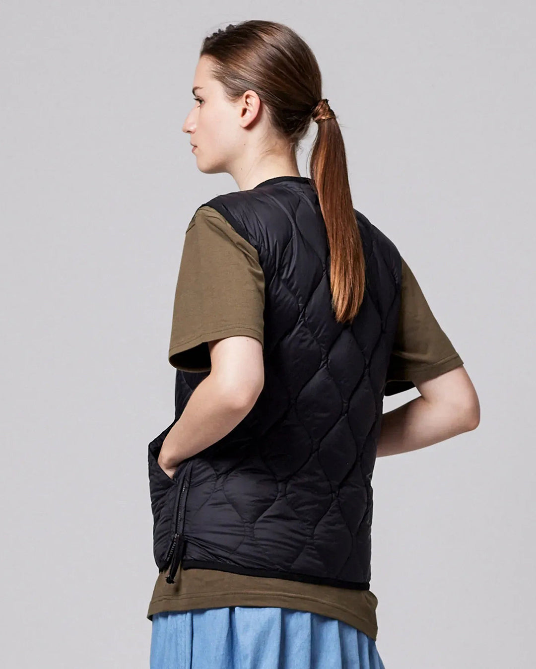 Military V-Neck W-Zip Down Vest - Black - Taion