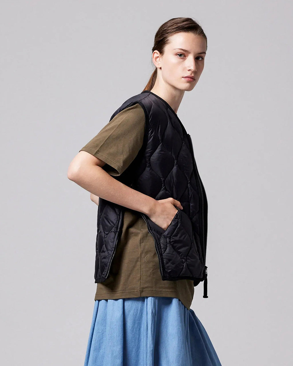 Military V-Neck W-Zip Down Vest - Black - Taion