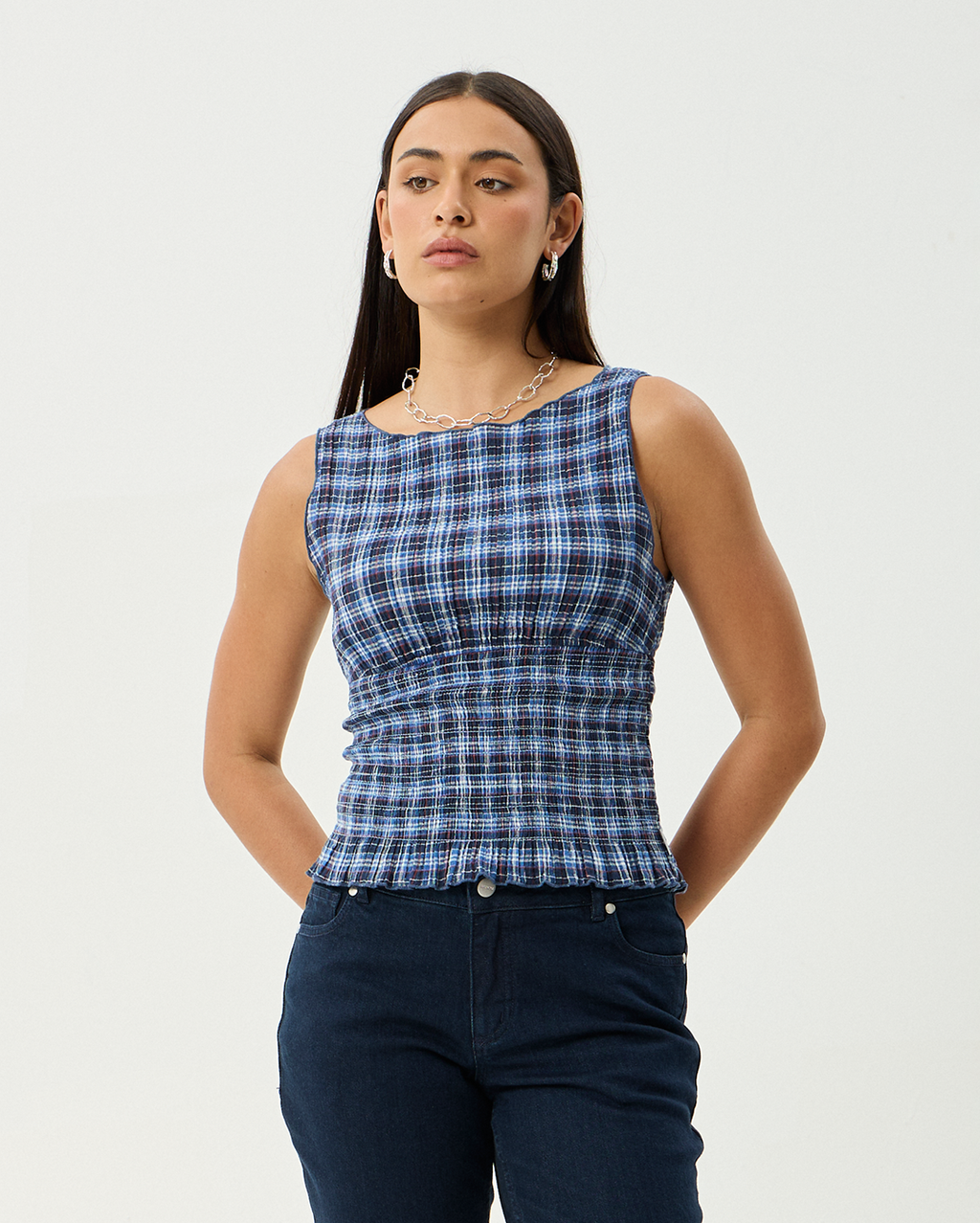 Mountains - Hemp Seersucker Sleeveless Top - Navy Red Check - Afends
