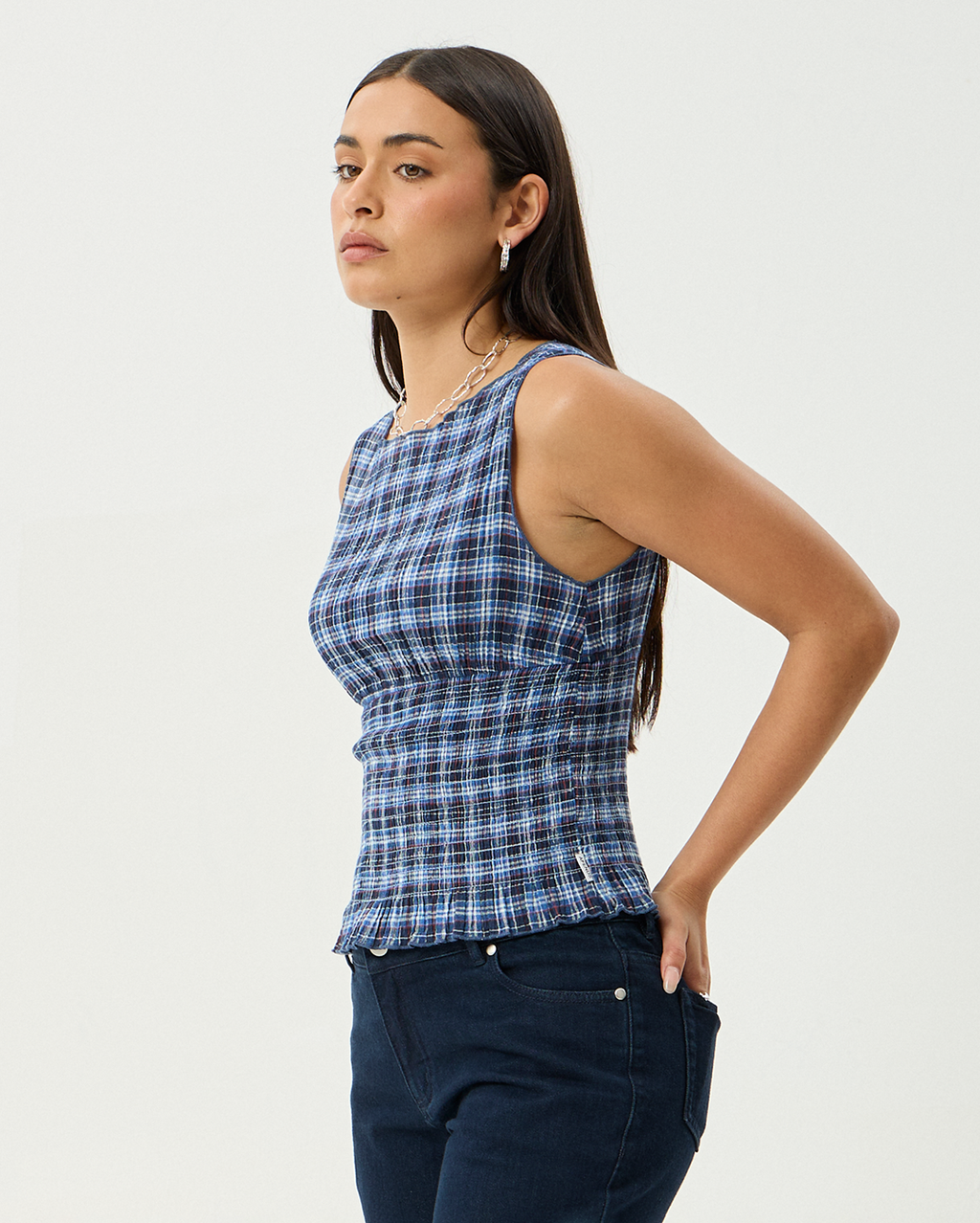 Mountains - Hemp Seersucker Sleeveless Top - Navy Red Check - Afends