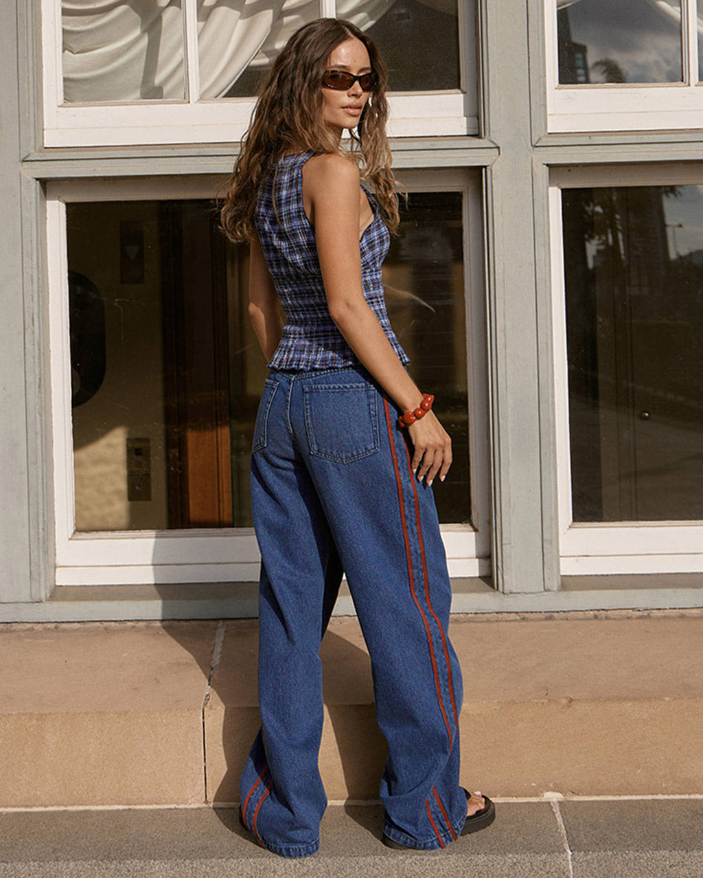 Mountains - Hemp Seersucker Sleeveless Top - Navy Red Check - Afends