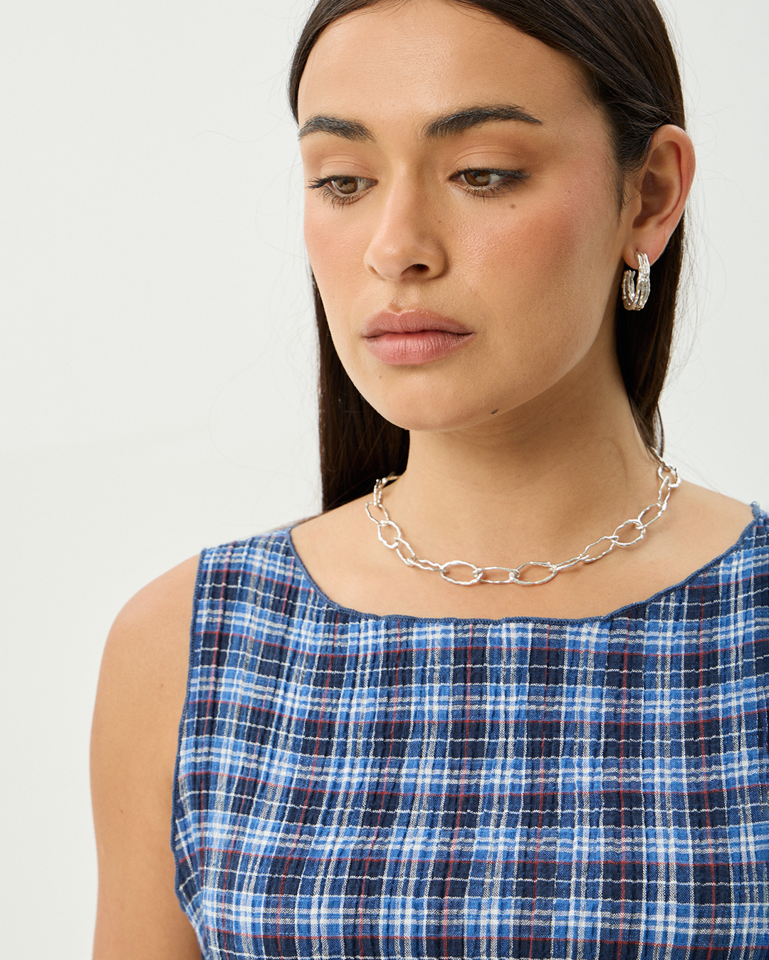 Mountains - Hemp Seersucker Sleeveless Top - Navy Red Check - Afends
