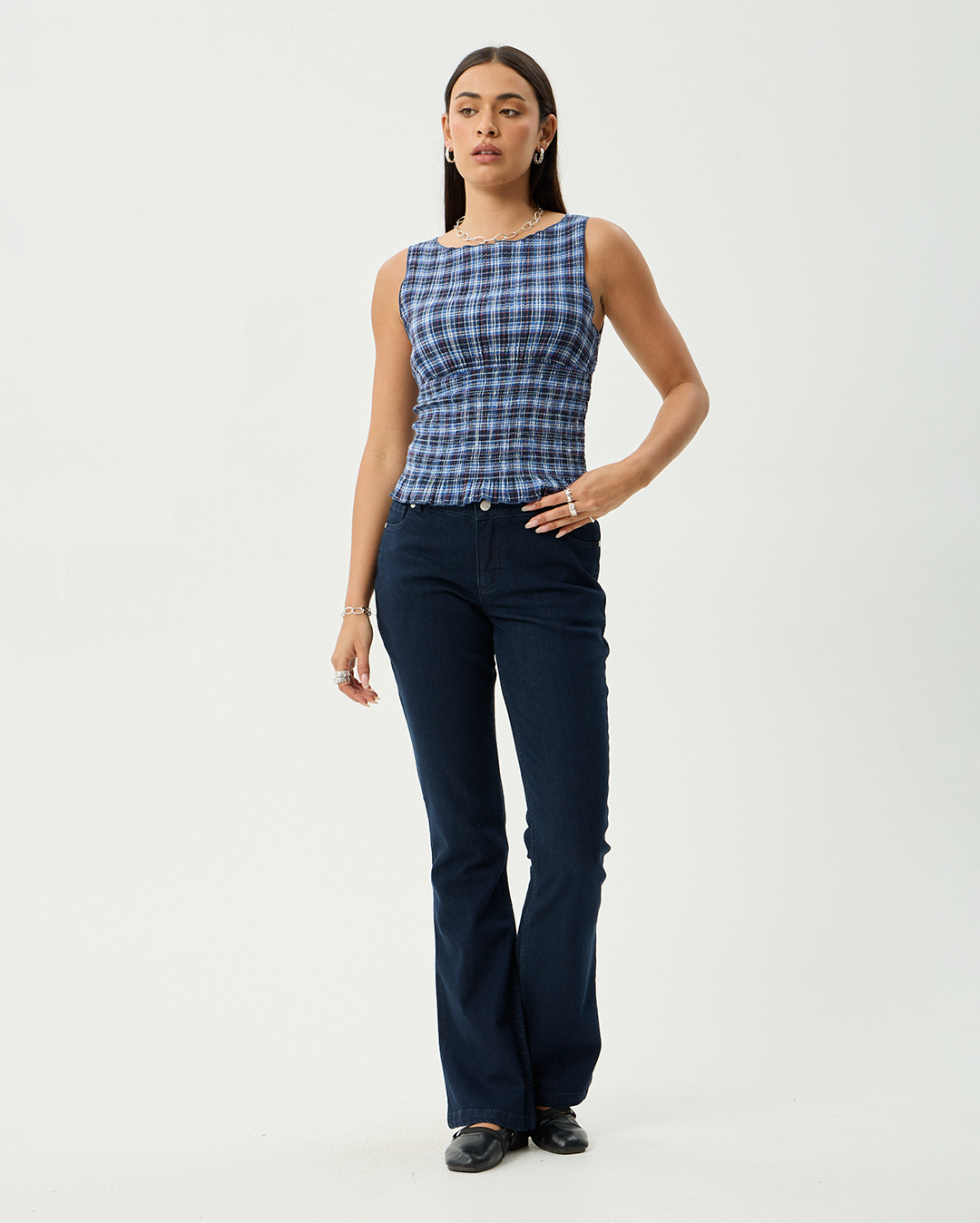 Mountains - Hemp Seersucker Sleeveless Top - Navy Red Check - Afends