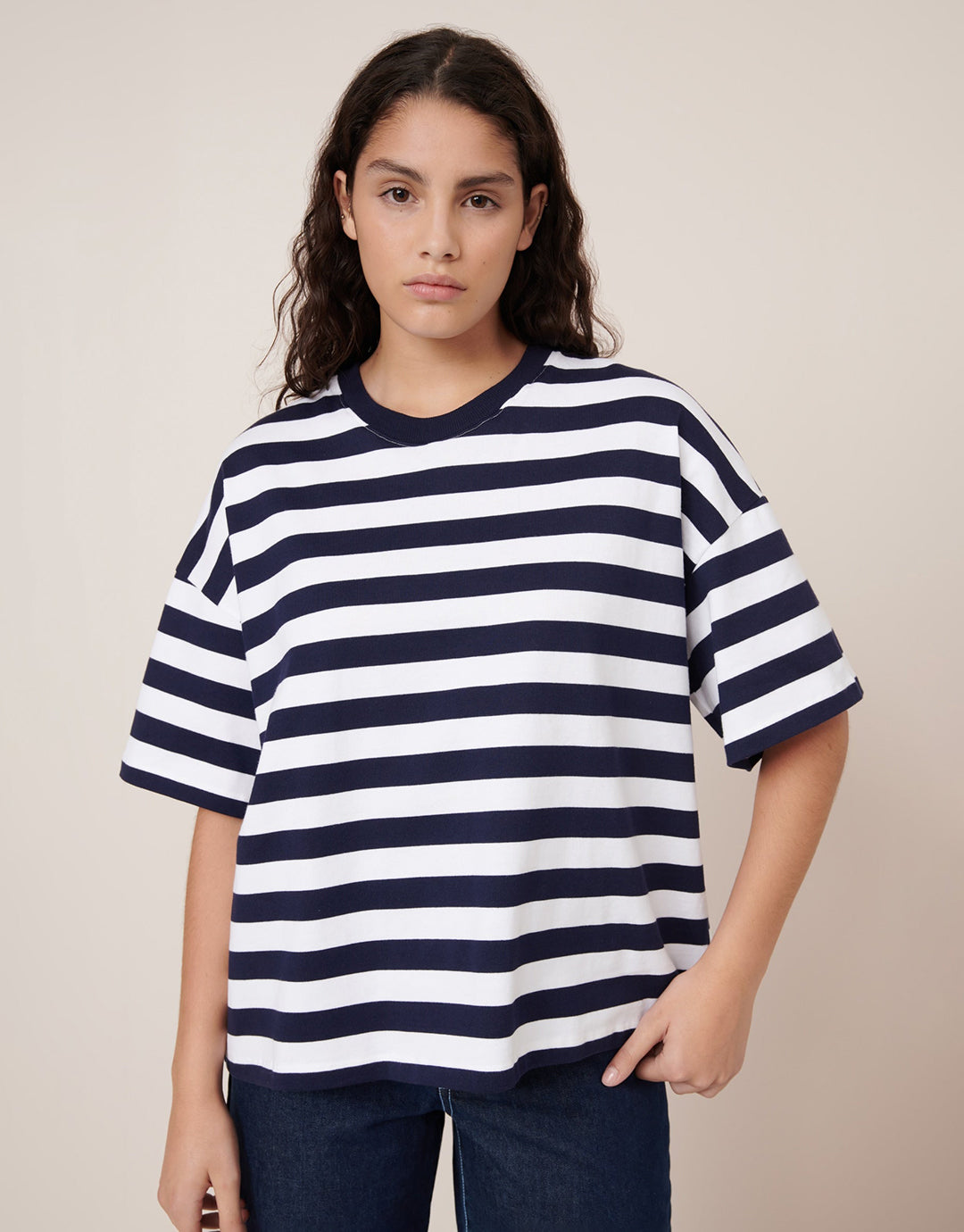 Oversized Boxy T-Shirt - Navy / White Stripe