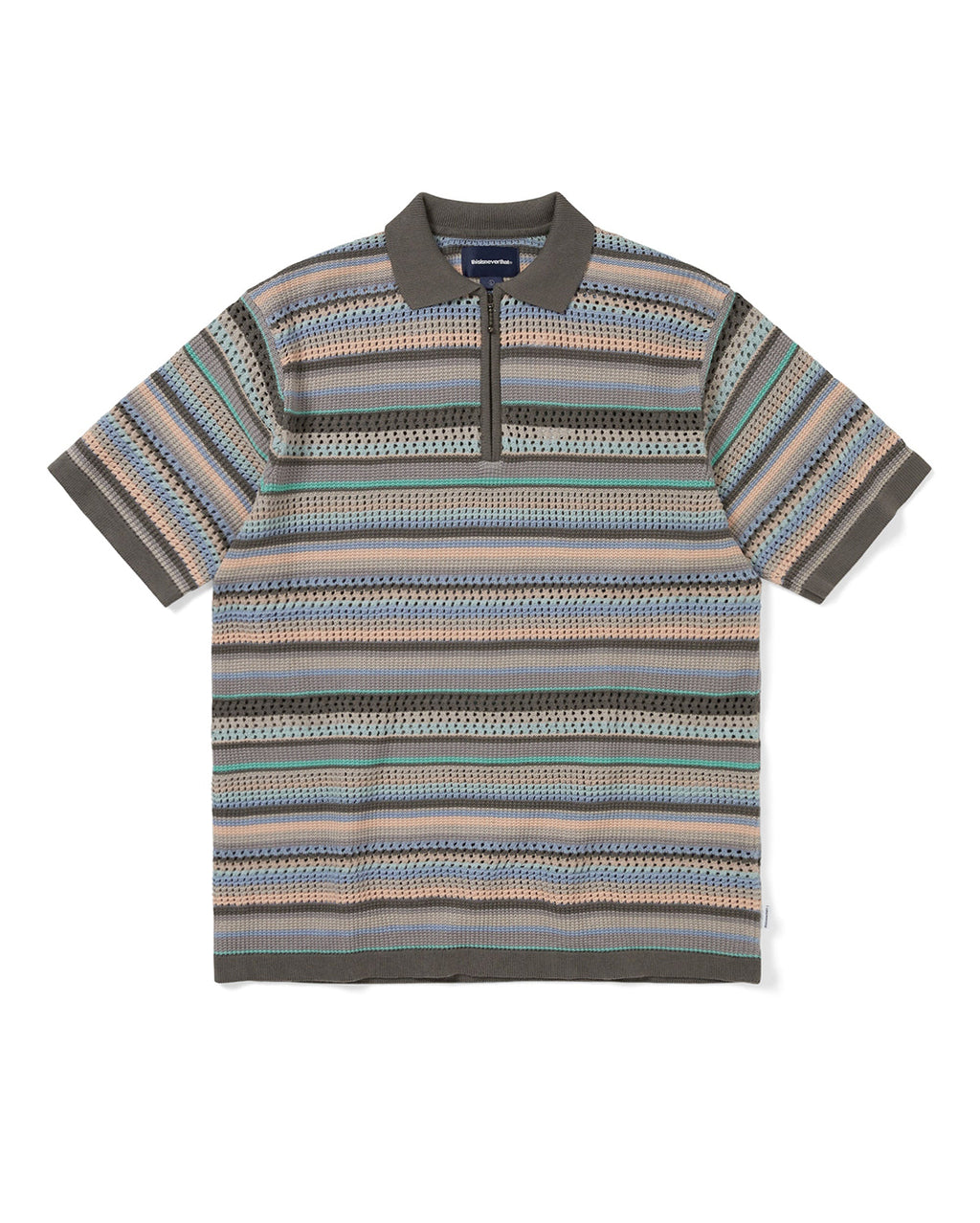 Striped Short Sleeve Knit Polo - Pink Grey - thisisneverthat