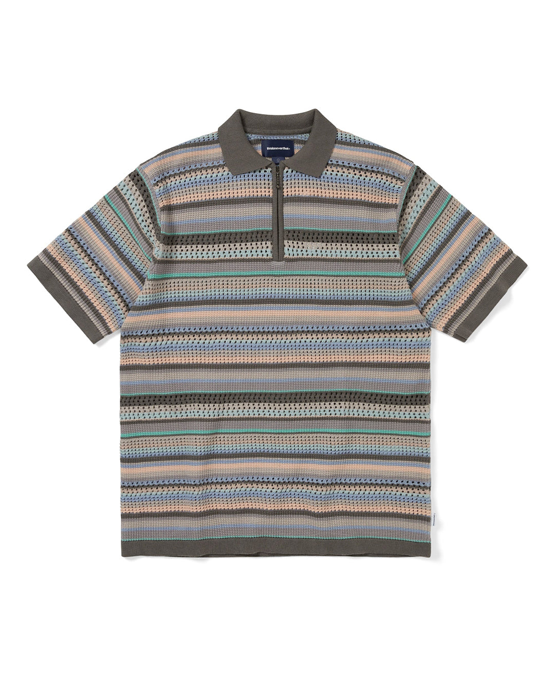 Striped Short Sleeve Knit Polo - Pink Grey - thisisneverthat