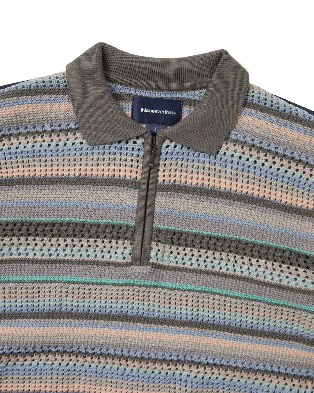 Striped Short Sleeve Knit Polo - Pink Grey - thisisneverthat